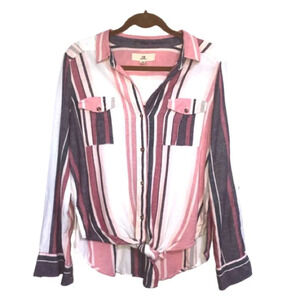 Thread&Supply Shirt Blouse  Top L Striped Pink Cream Button Up Tie Hem